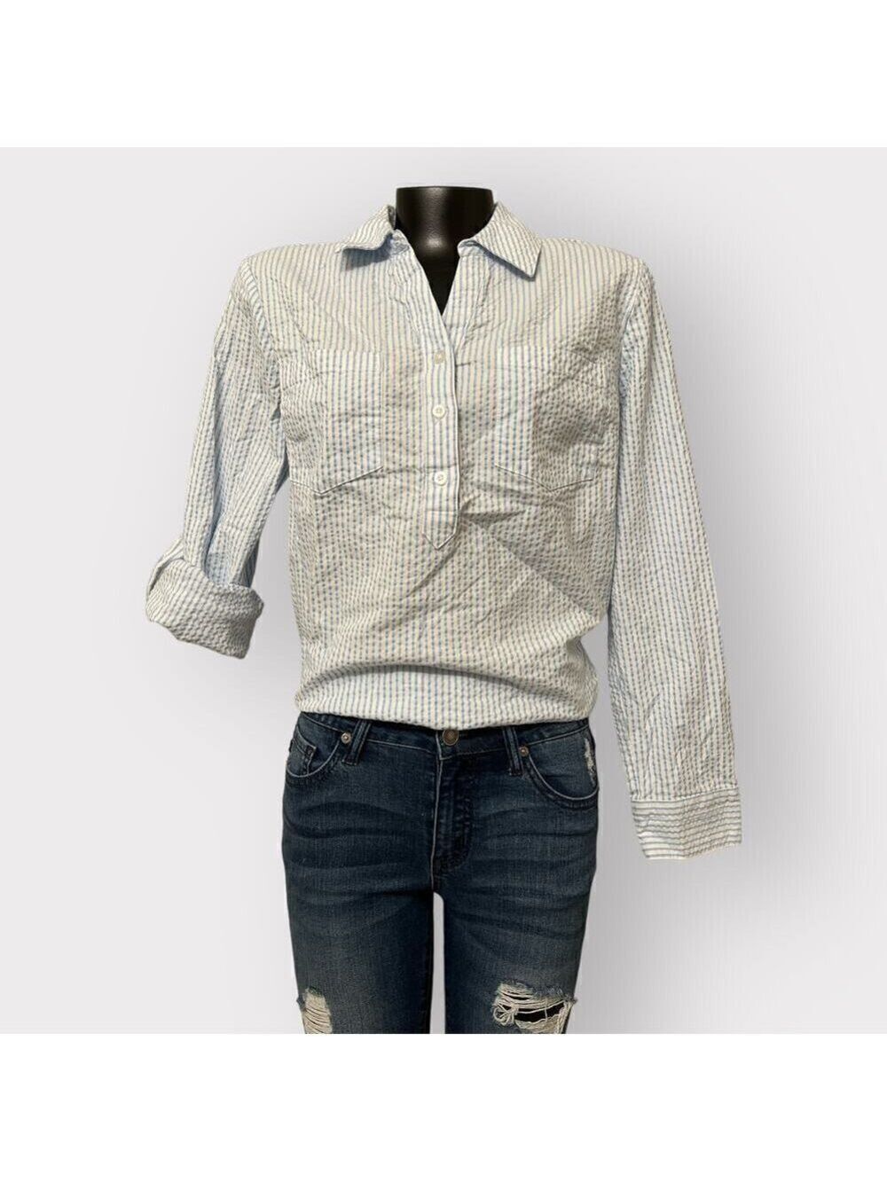 5/$25 ⭐️ D&CO Button Top Medium Stripe Convertible Sleeve Pullover Shirt Blue